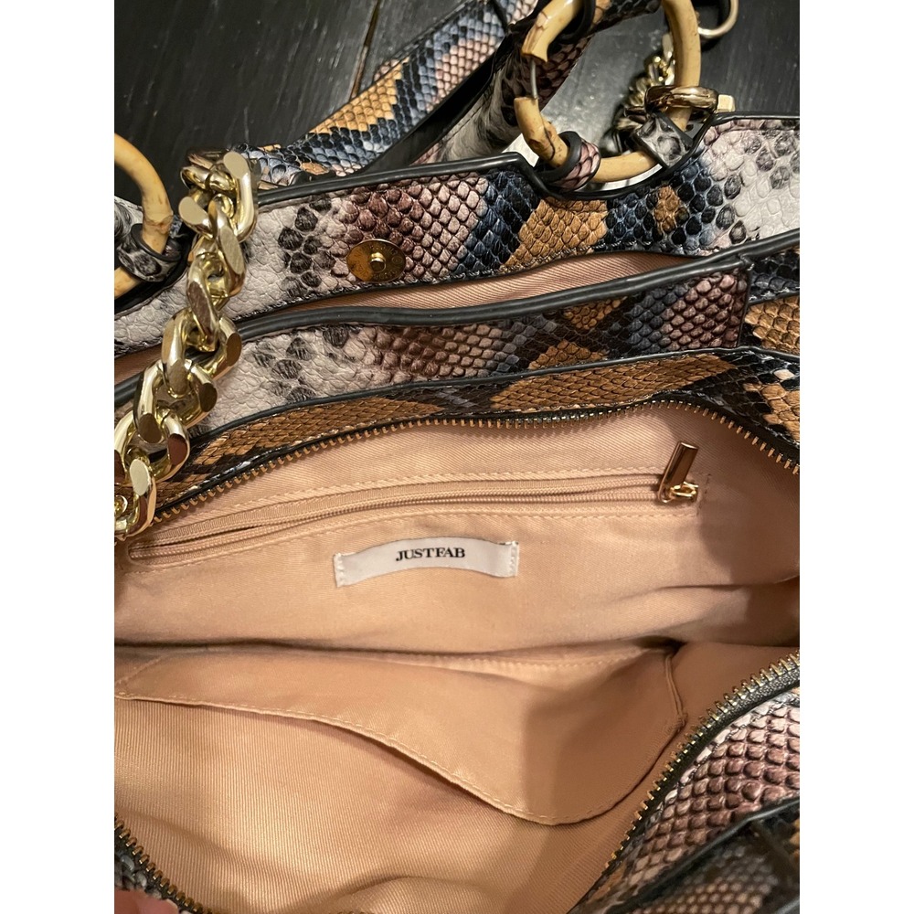 JustFab Womens Snakeskin Print Satchel Handbag Multi-Color Bamboo Detail - Picture 3 of 5